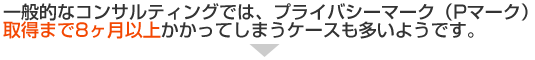 一般的なコンサルティングでは、プライバシーマーク（Pマーク）取得まで8ヶ月以上かかってしまうケースも多いようです。